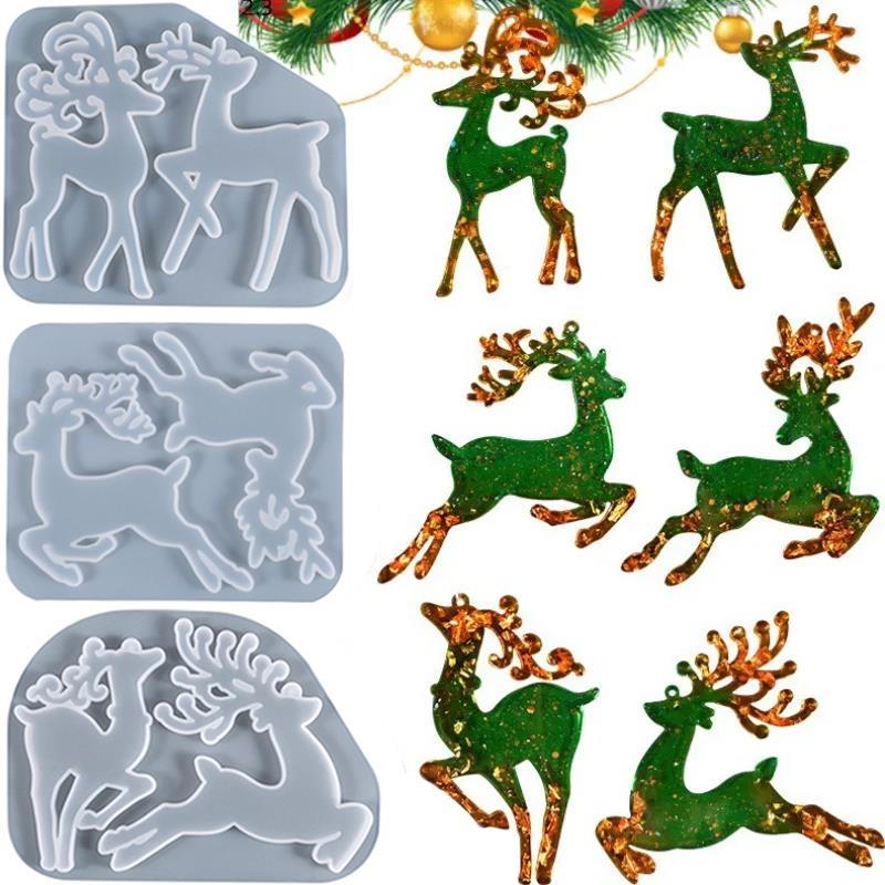 Gold Foil Flakes - คริสต์มาส Elk อีพ็อกซี่เรซินแม่พิมพ์สําหรับพวงกุญแจจี้ Charms แม่พิมพ์ซิลิโคน DIY