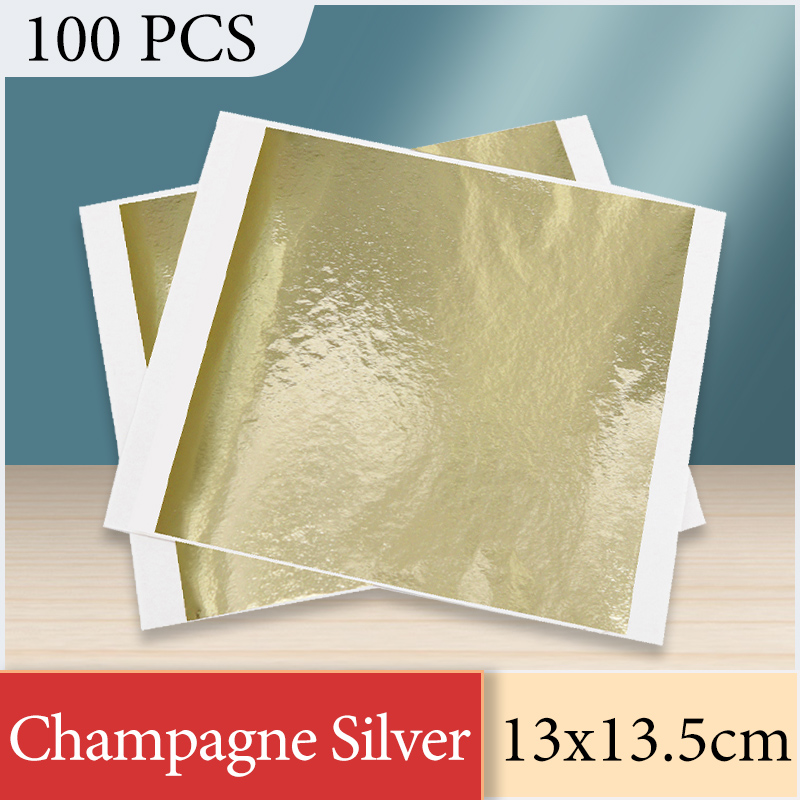 Gold Foil Flakes - 13x13.5 ซม.แชมเปญเงินฟอยล์กระดาษ Gold Leaf แผ่นศิลปะเฟอร์นิเจอร์ตกแต่งเล็บภาพวาด Gilding